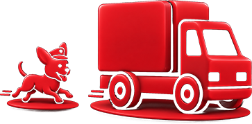 Ilustración de la mascota de Postdog en una camioneta de reparto
